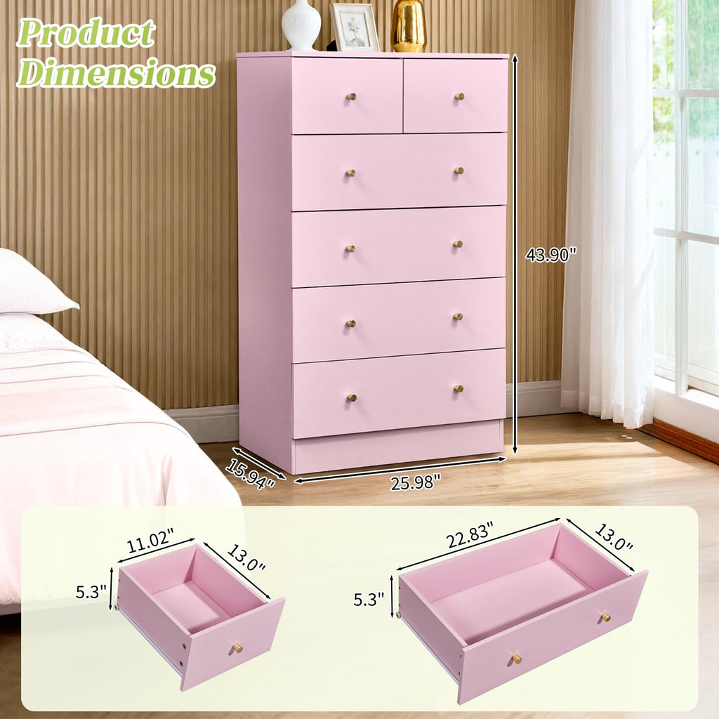 Pink 6 Drawer Dresser, Rose Gold Handle Modern Bedroom Chest