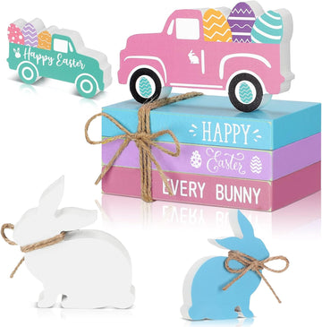 Easter Tiered Tray Decor Happy Easter Table Decorations Farmhouse Wooden Bunny Egg Truck Sign 3 Faux Books - Set of 5