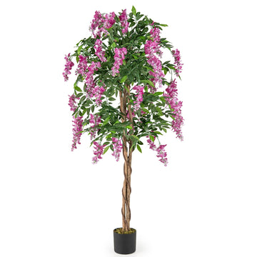 5.5FT Fake Wisteria Plant, Tall Artificial Tree Pot with Rosy Flowers, Solid Wood Trunk, Realistic Moss, Potted