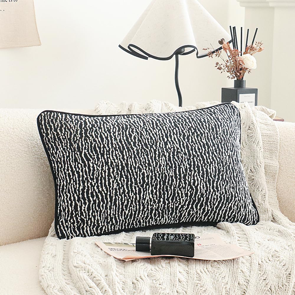 Black White Boho Textured Abstract Throw Pillow Cover, Geometric Minimalist Lumbar Pillowcase for Couch Sofa Bed
