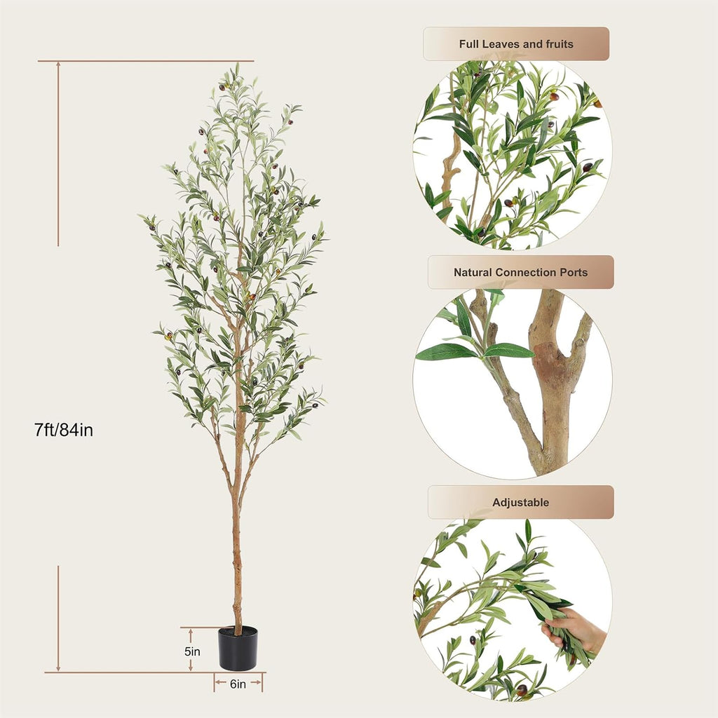 Faux Olive Tree 7ft,Olive Trees Artificial Indoor with Natural Wood Trunk and Realistic Leaves and Fruits. 7