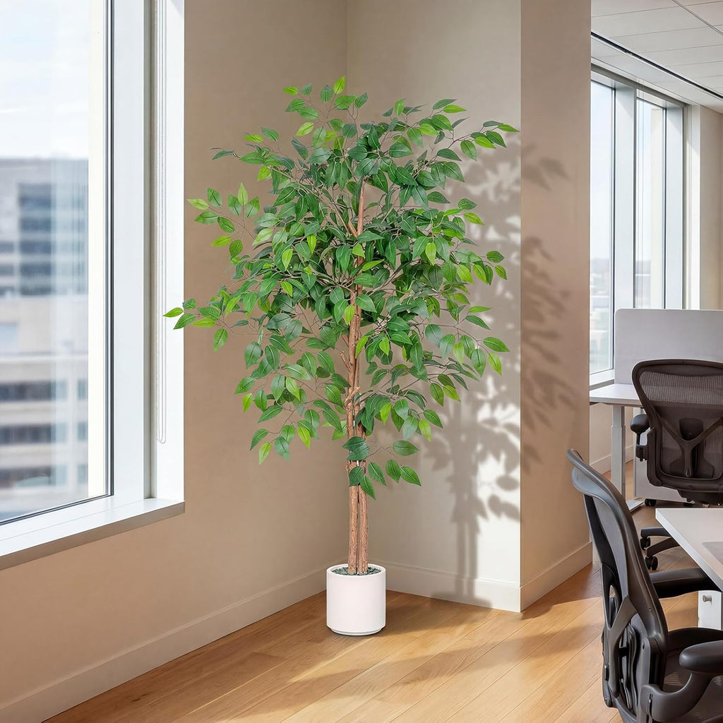 Artificial Ficus Tree 5FT Tall, Faux Ficus Tree Indoor Outdoor, Fake Silk Ficus Plant with Planter, Lifelike Leaves