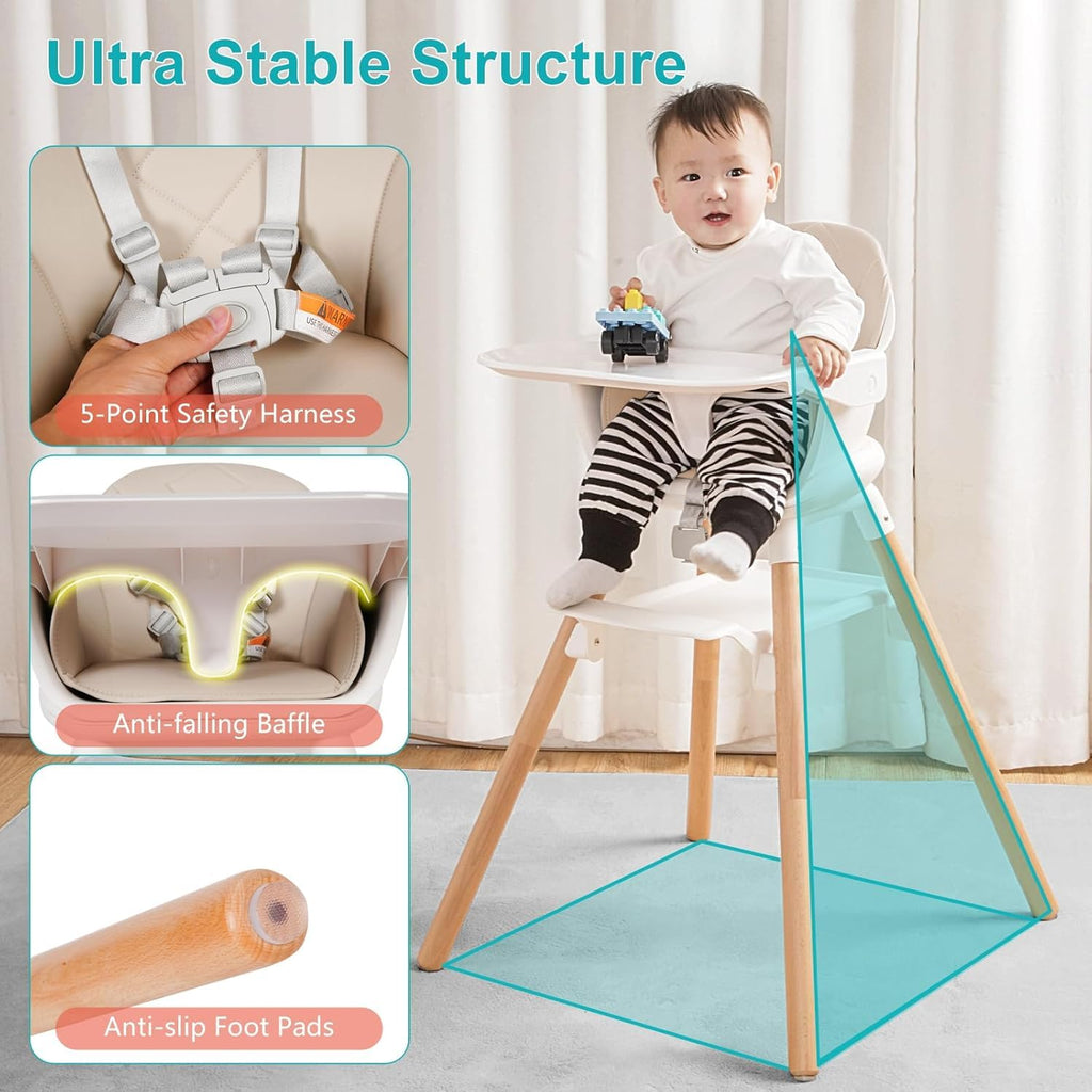 High Chair, 6 in 1 Wooden Convertible High Chairs for Babies and Toddlers, Booster Seat with Double Tray & Reversible