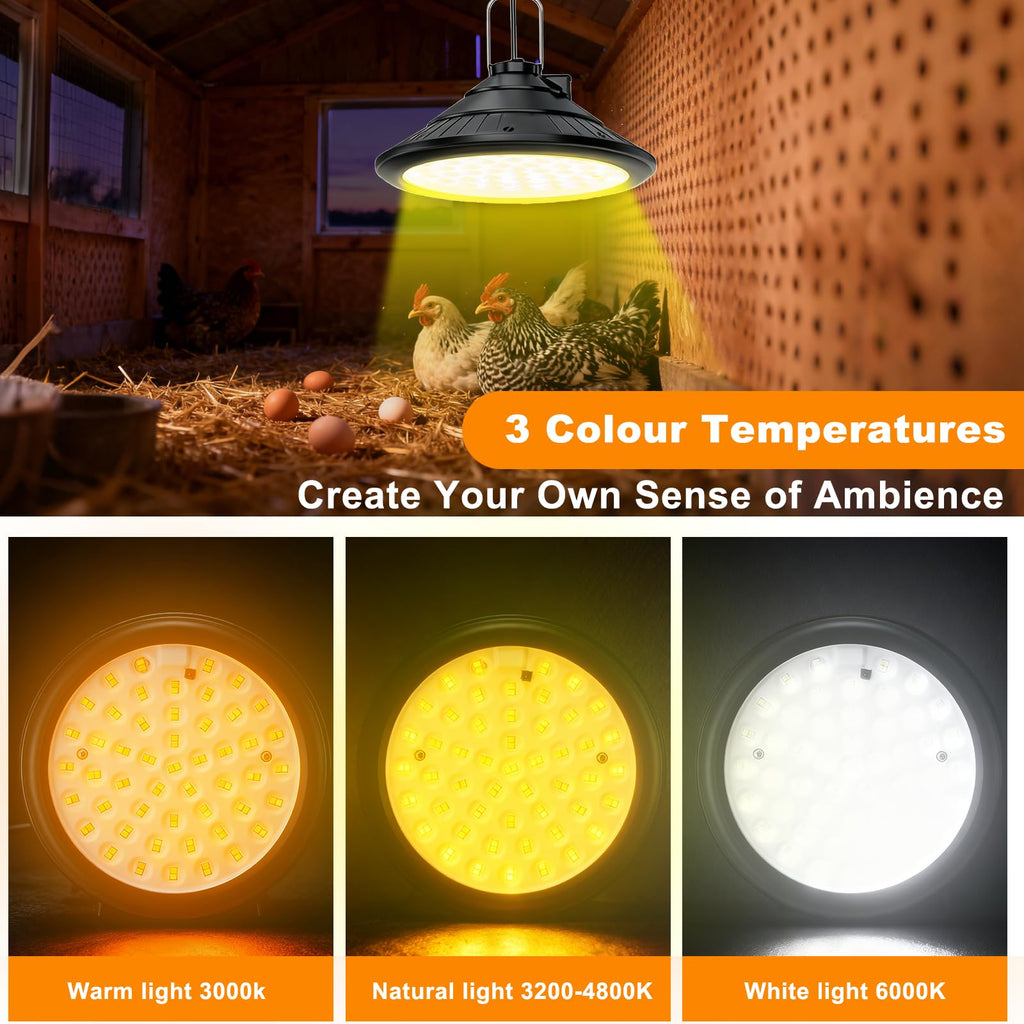 Solar Chicken Coop Light with Timer | 3-Color Dimmable LED, IP66 Waterproof & 16.4ft Cord | Hanging Ceiling Pendant