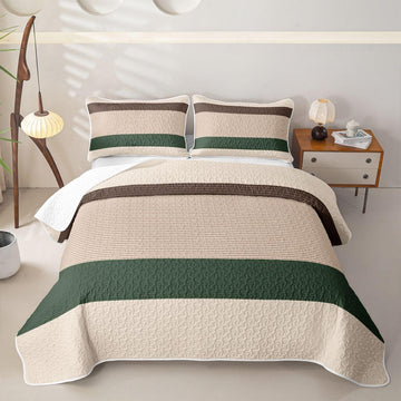 Brown Green Striped Quilt Set Farmhouse Stripe Bedspread Coverlet, Modern Patchwork Soft Lightweight Quilted