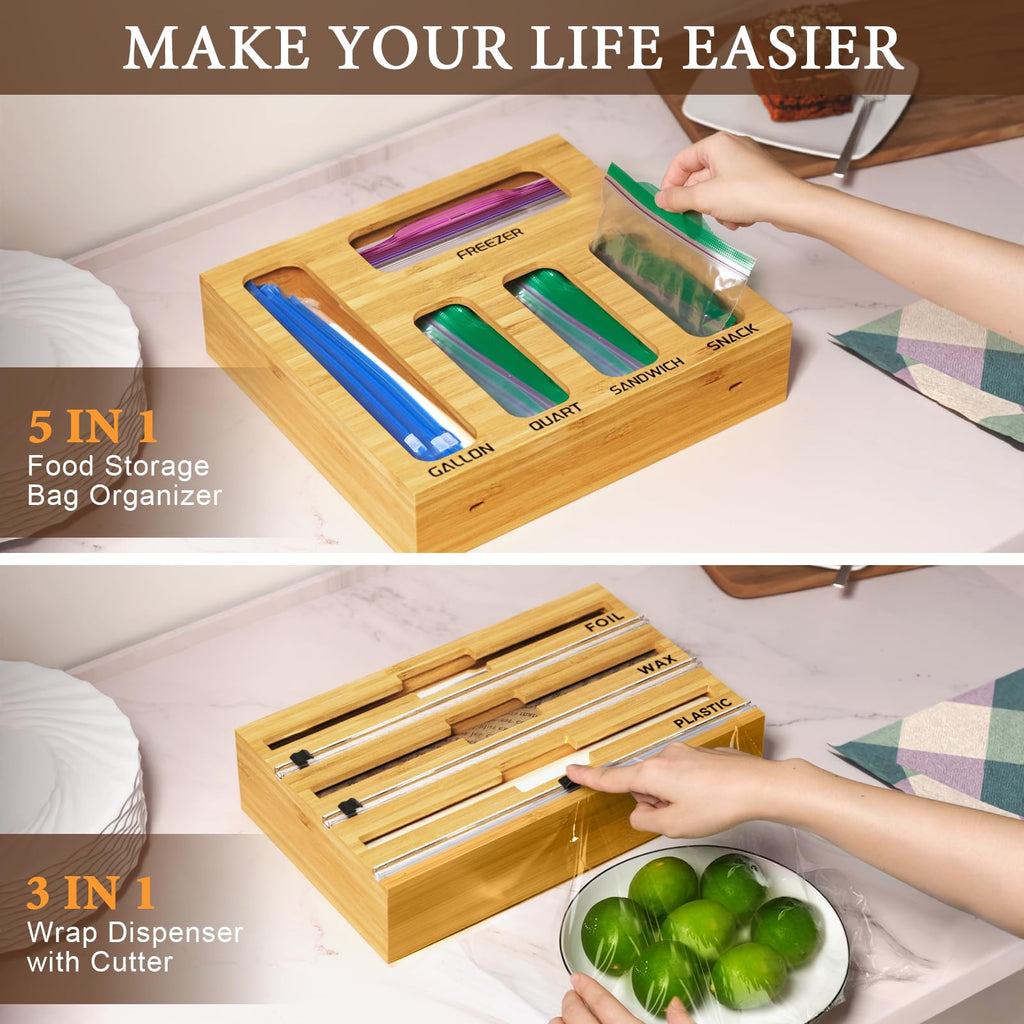 9 IN 1 Bamboo Foil and Plastic Wrap Organizer Drawer, Plastic Bag Organizer Organization and Storage, Food Storage