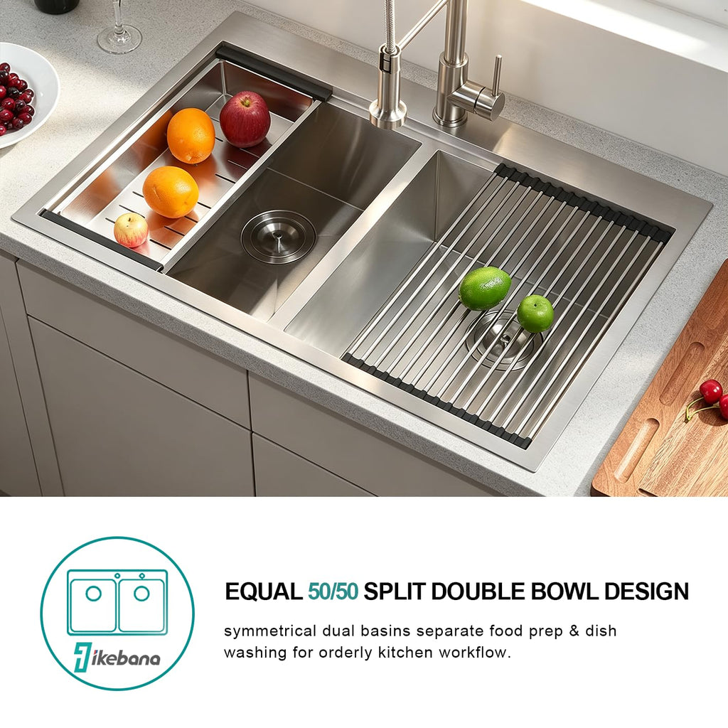 33 x 22 Inch Double Bowl Drop in, Brushed Nickel 16 Gauge Stainless Steel Topmount 50/50 Double Basin Workstation