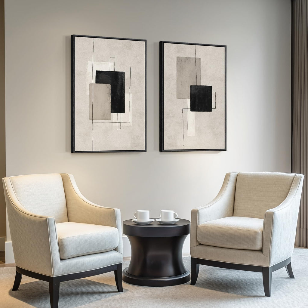 Large Framed Neutral Abstract Wall Art Set of 2, 24x36 In