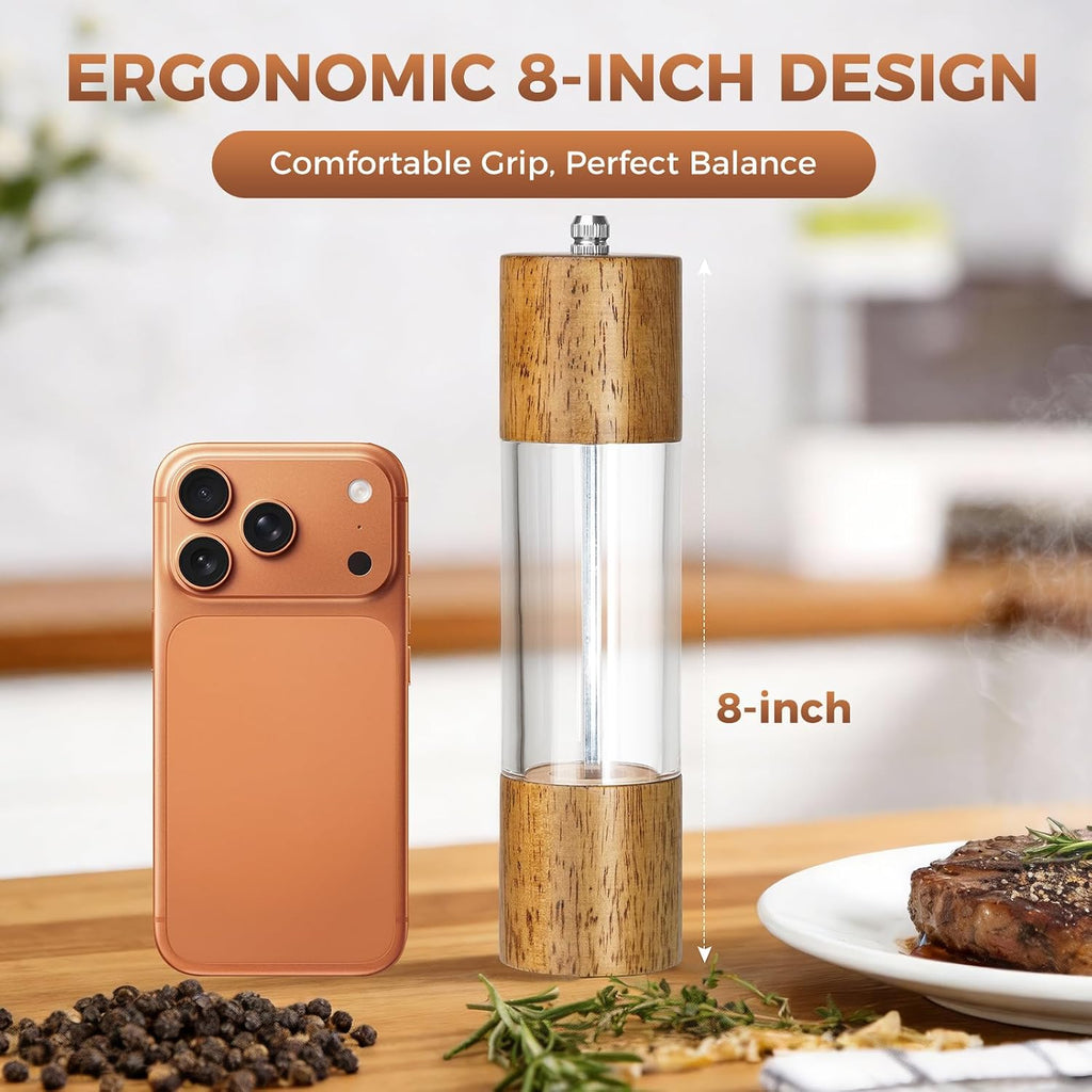 2-Pack Wooden Salt and Pepper Grinder Set - 8 Inch Manual Adjustable Ceramic Grinding, Refillable Acrylic Salt - Set of 2