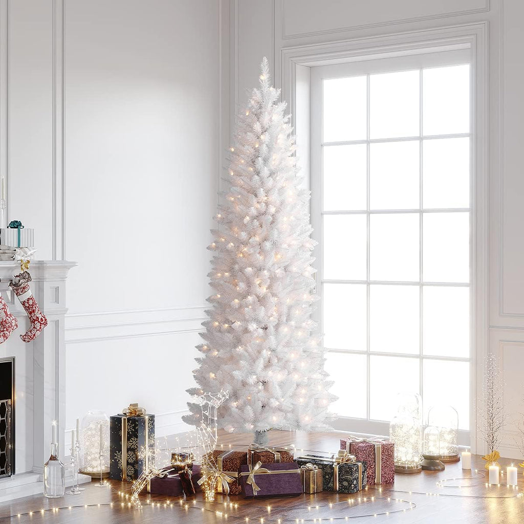 6.5ft White Christmas Tree, Fraser Fir Pencil Artificial Slim Trees Holiday Decor Prelit 250 Warm Lights 714 PVC