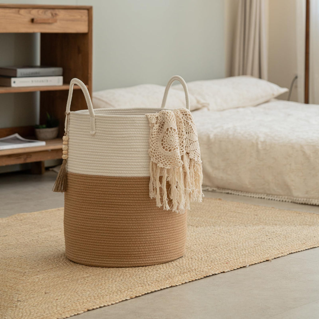 Blanket Basket 58L, Woven Laundry Hamper Tall Laundry Basket with Boho Wooden Tassels, Large Cotton Rope Storage