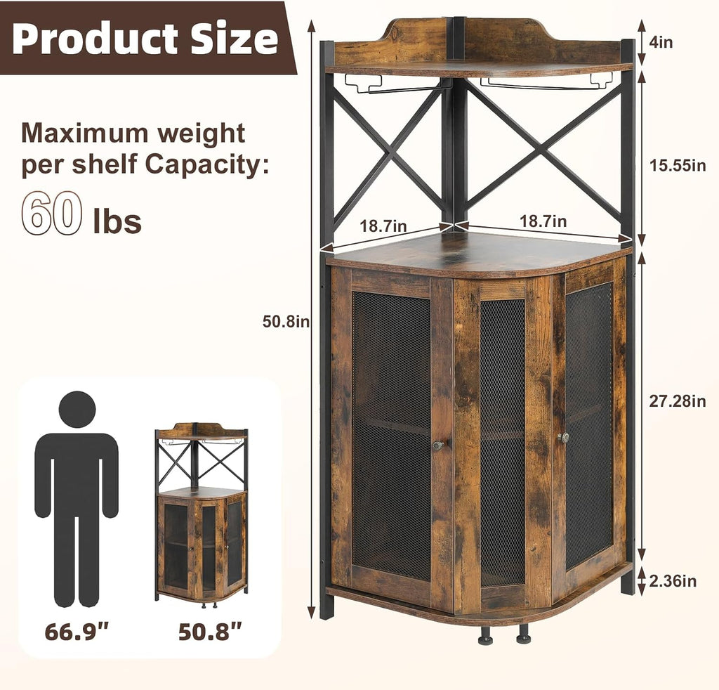 Corner Bar Cabinet with LED Lights,Industrial Wine Cabinet with Glass Holder,4-Tier Wine Cabinet with Door and