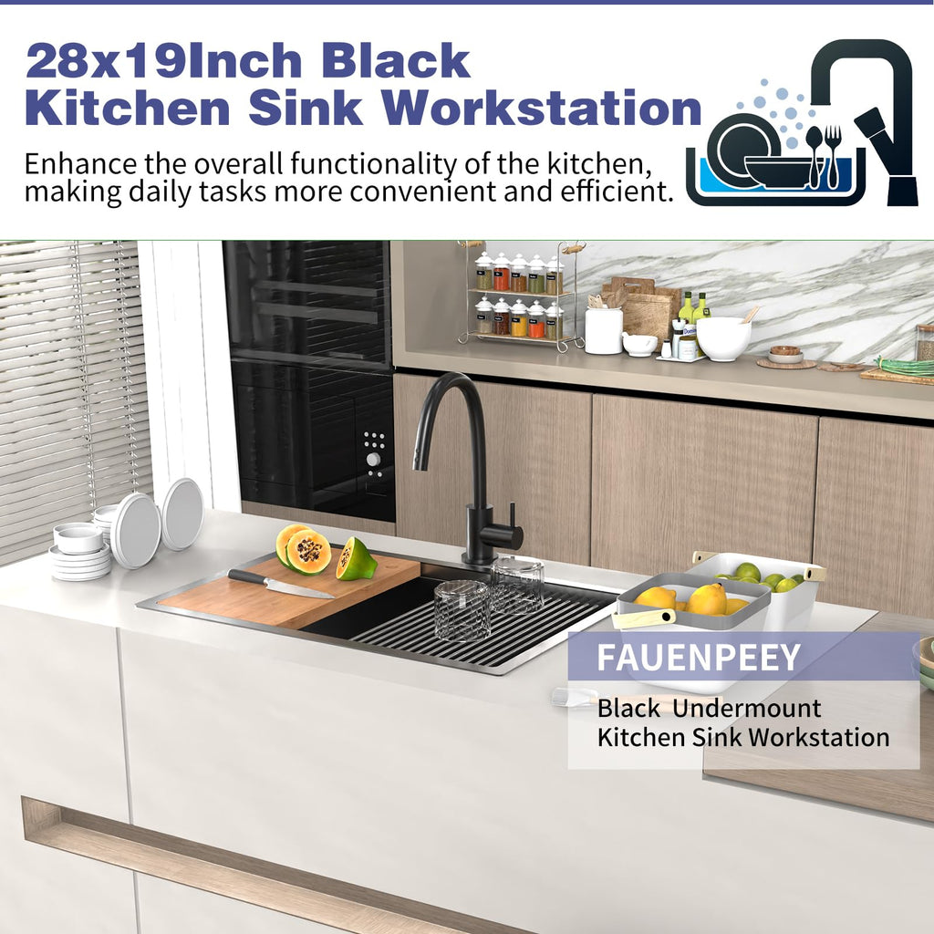 28x19 Black Stainless Steel Kitchen Sink Workstation, Undermount, Single Bowl