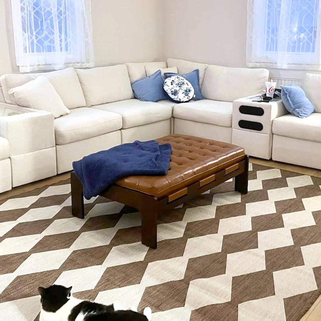 47.75" Large Rectangle Ottoman Coffee Table, Tufted Faux Leather Upholstered Living Room Coffee Table with Solid Wood