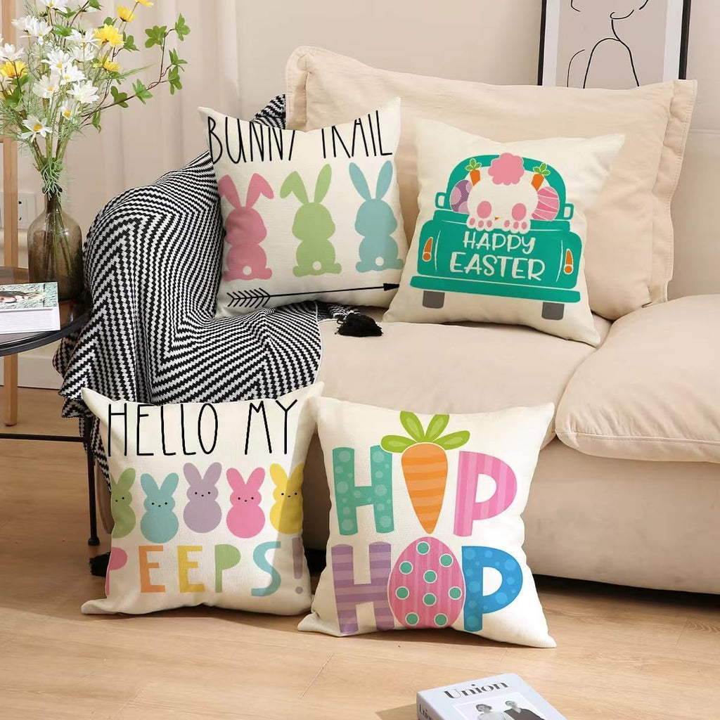 Easter Decor-Throw Pillow Covers 20x20in,Spring Linen Pillow Case with Bunny and Egg for Large Couch Sofa - Set of 4