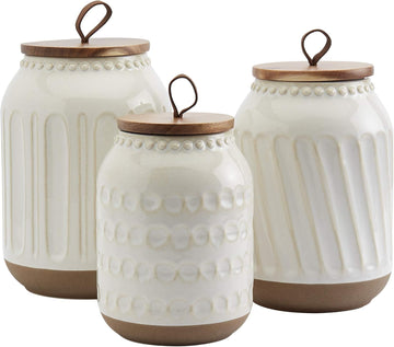 Tabletops Gallery Ceramic Canister Collection- Stoneware Designed Kitchen Storage Embossed Acacia Wood White Set, 3 - Set of 3