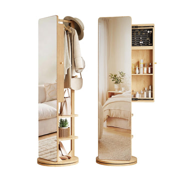 69" H×20" W Solid wood Mirror Jewelry Cabinet, 360°Swivel Jewelry Organizer, Jewelry Armoire Cabinet Standing, Full