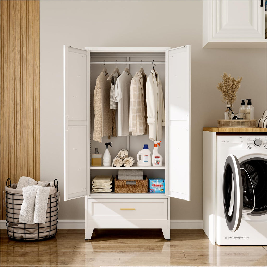 71" Metal Armoire Wardrobe Closet with Hanging Rod, White-X 1 Drawer