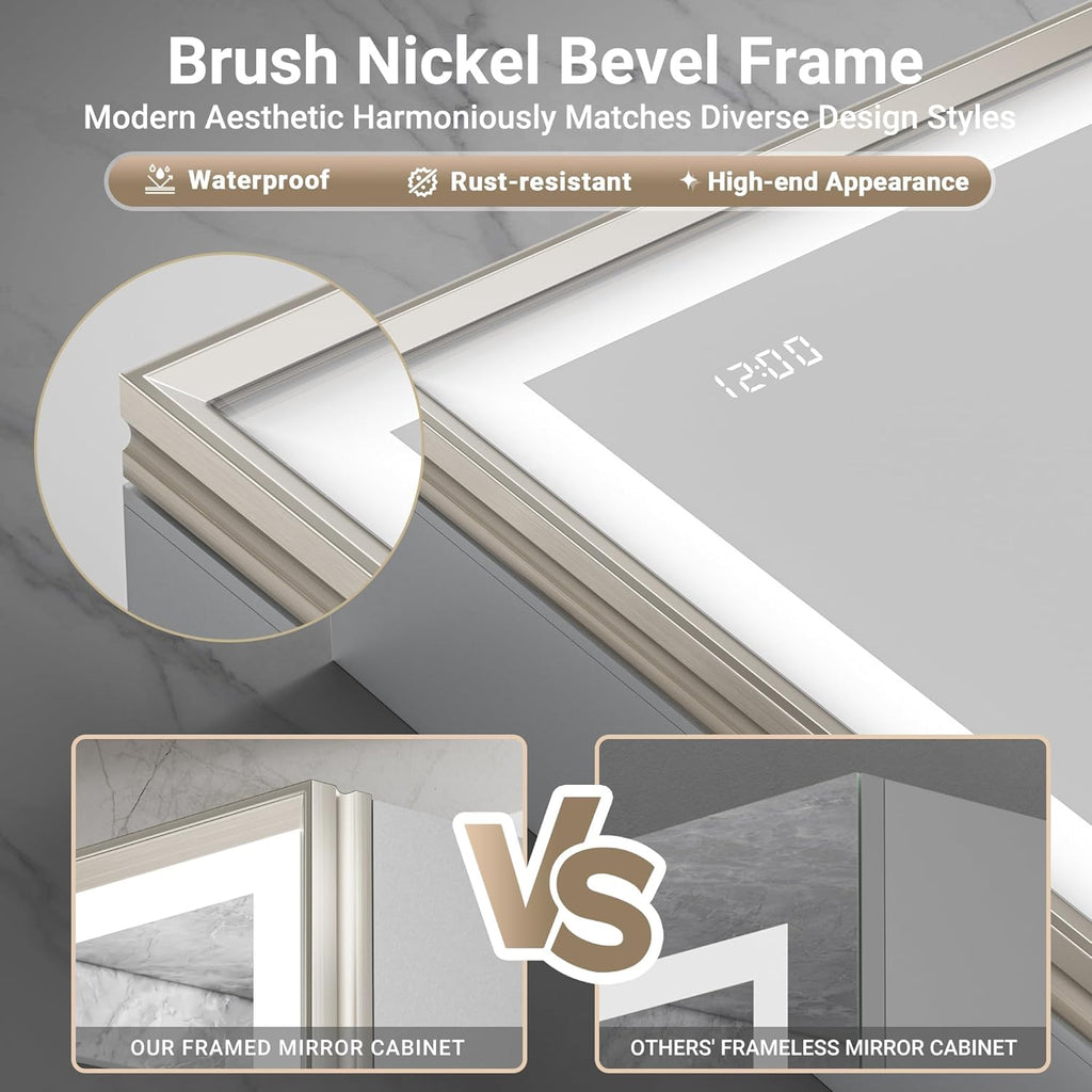 20x26 LED Medicine Mirror Cabinet, Beveled Brushed Nickel Frame | Lighted Aluminum Bathroom Cabinet, Surface or