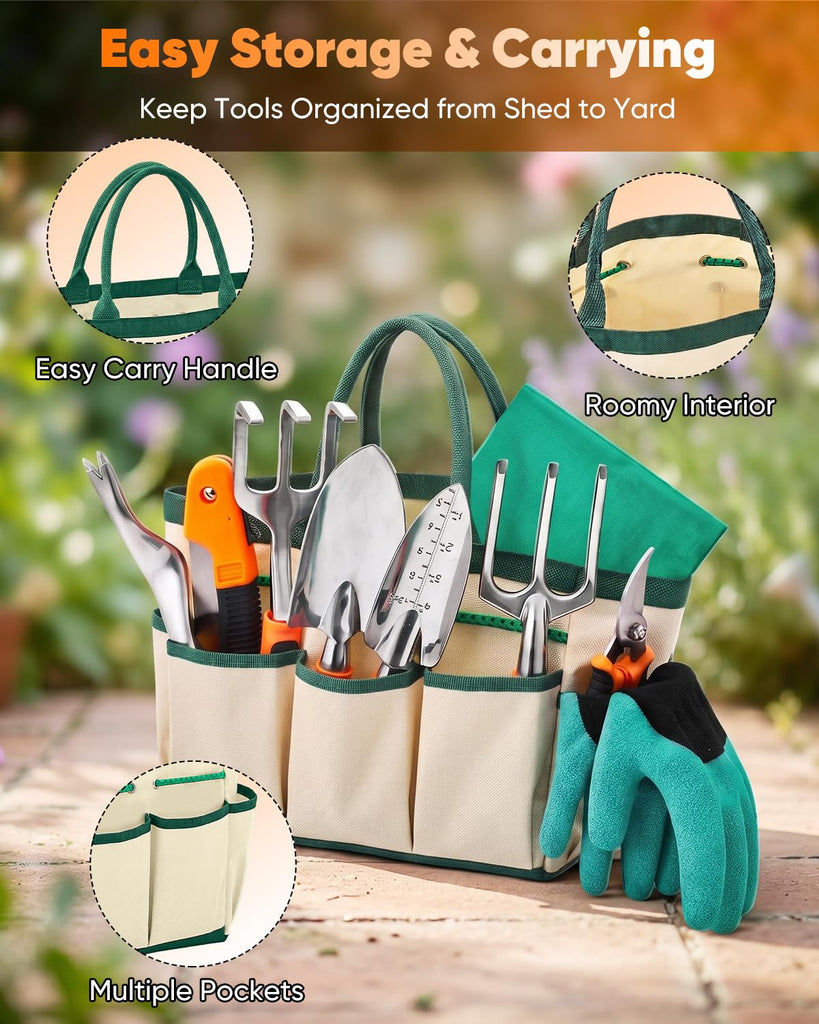 Garden Tool Set Gardening Tools - Heavy Duty Aluminum Tool Kit with Non-Slip Handle, Gardening Gloves and Tool Bag
