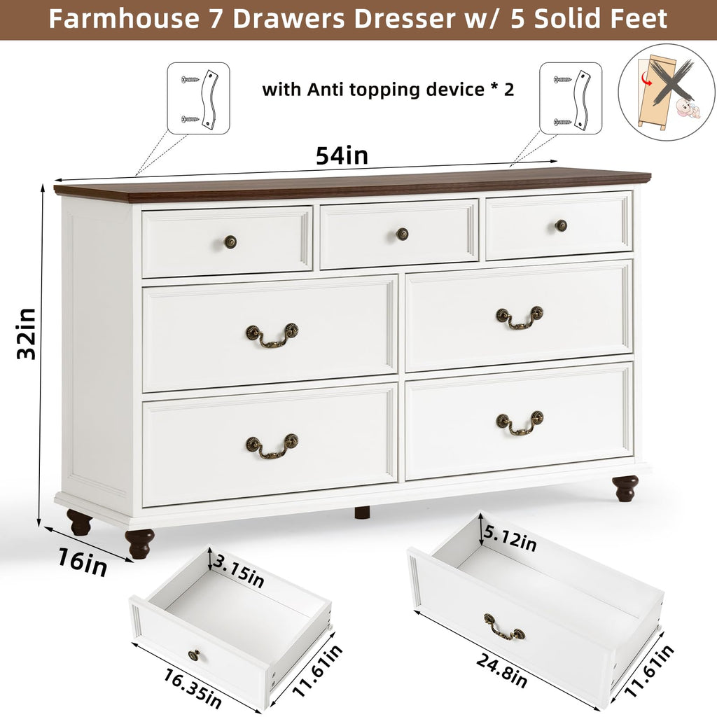Farmhouse 7 Drawers Sets of 2, White 54 Inch Wide Chest of Drawers w/ 4 Wooden Legs, Large Vintage Rustic Closet