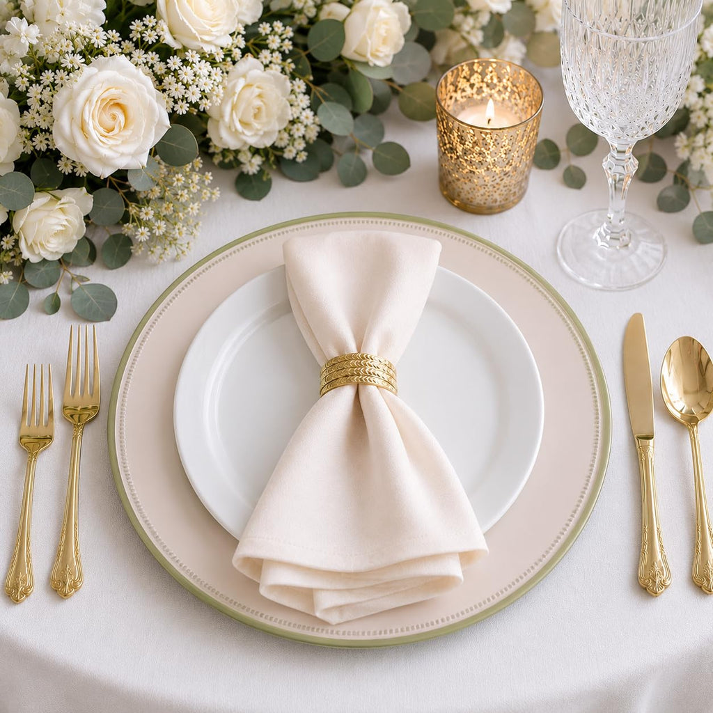 Champagne Blush Charger Plates Set of 12-13in Gold Beaded Rim Chargers for Dinner Plates- Heavy Duty Round Plastic