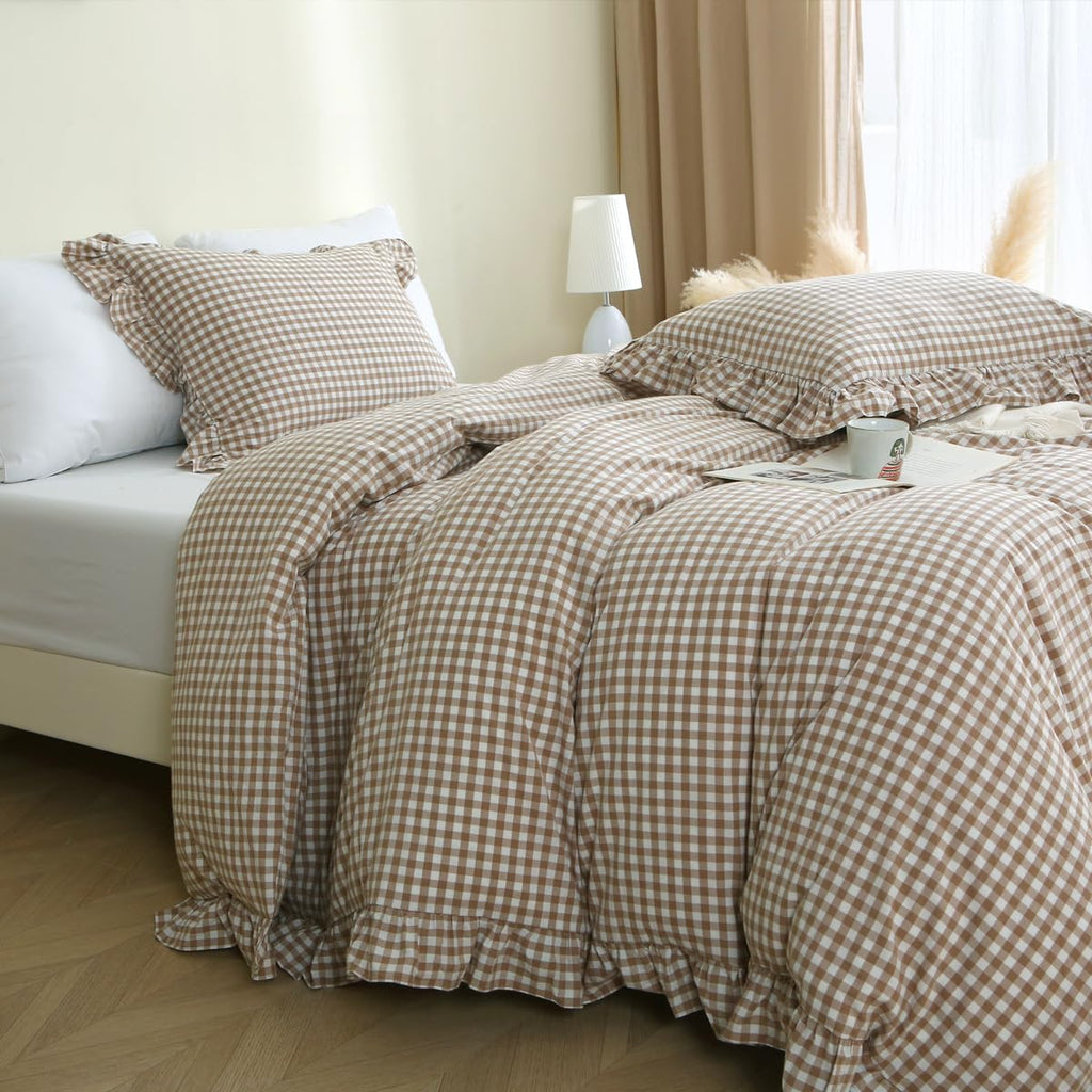 Taupe/White Plaid Ruffle Duvet Cover King,100% Washed Cotton 3 Pcs Vintage Checkered Chic Gingham Bedding Set