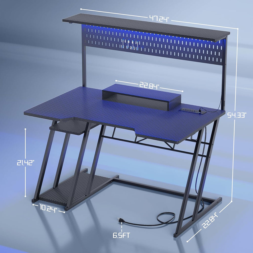 Gaming Computer Desk with Shelves and Outlets, Gaming Desk with Hutch and LED Lights, Reversible PC Gaming Desks with