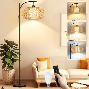 Arc Floor Lamps Bedroom Rattan Boho Floor Lamp with Remote Control, Dimmable Led Standing Lamp Wicker Lamp Shade