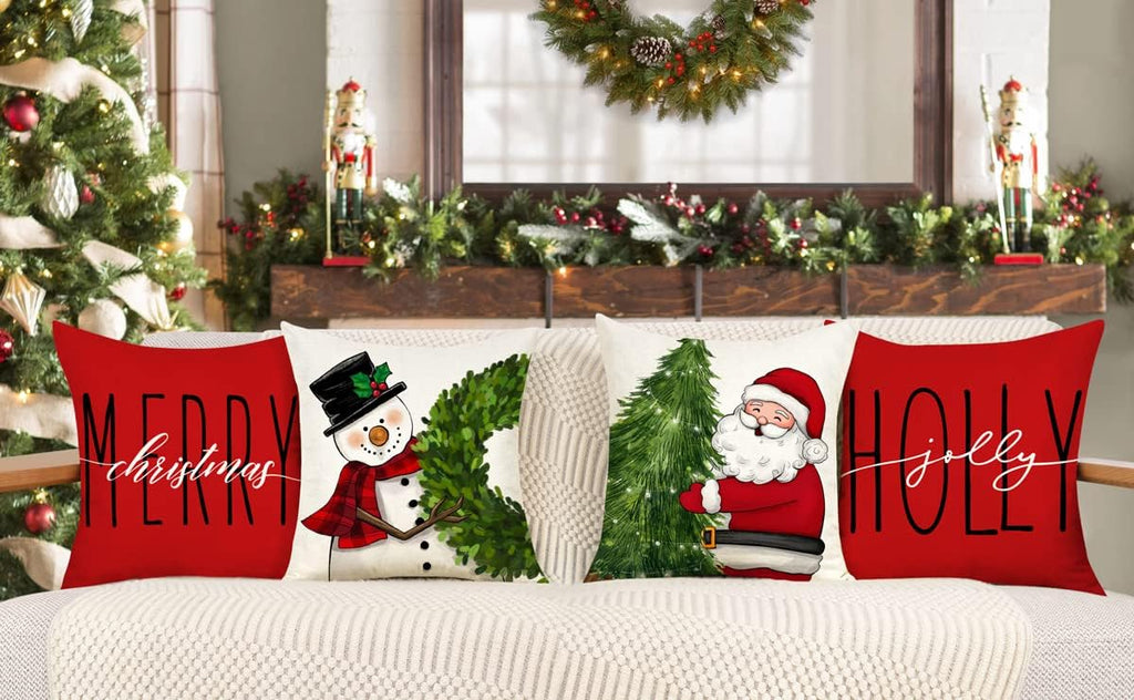 Red Christmas Pillow Covers 18x18 - Farmhouse Decorations With Snowman, Wreath, Santa Claus, Tree - Merry - Set of 4