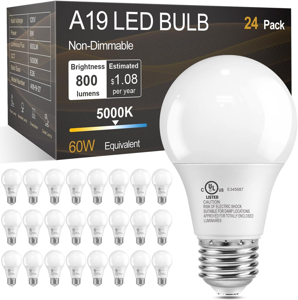 A19 LED Light Bulbs 60 Watt Equivalent, Daylight Bright White 5000K, E26 Medium Base Standard Lightbulbs, Energy