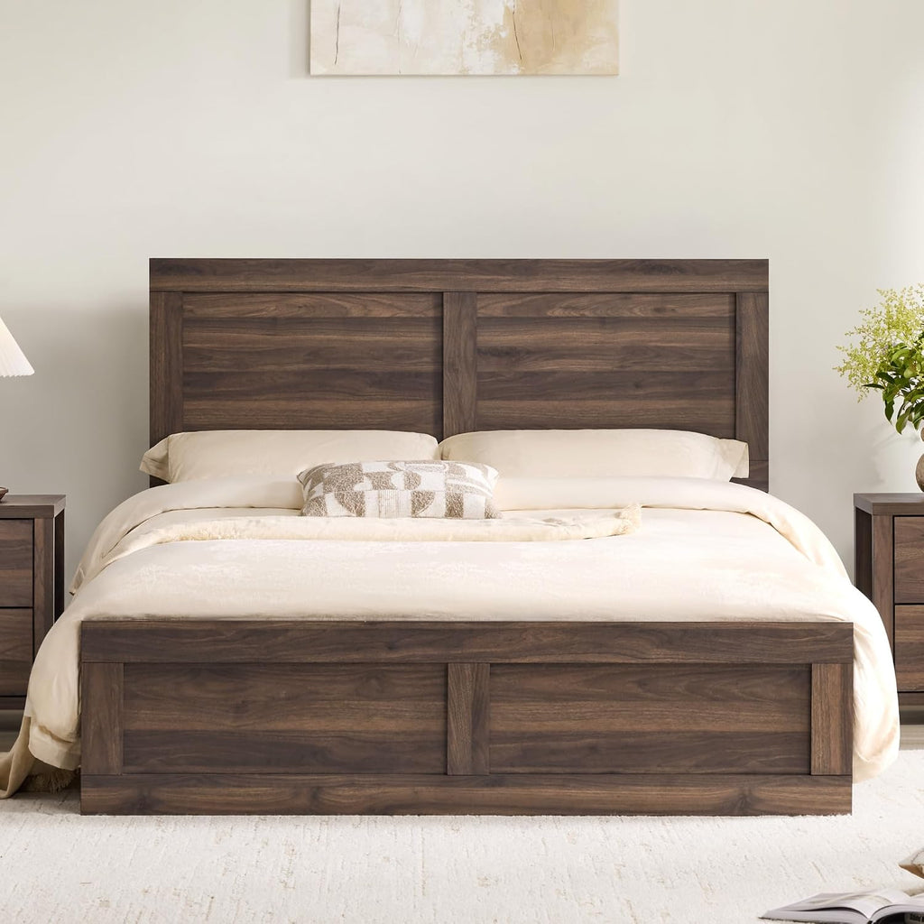 Wood Bed Frame with Headboard and Footboard, Walnut, Queen
