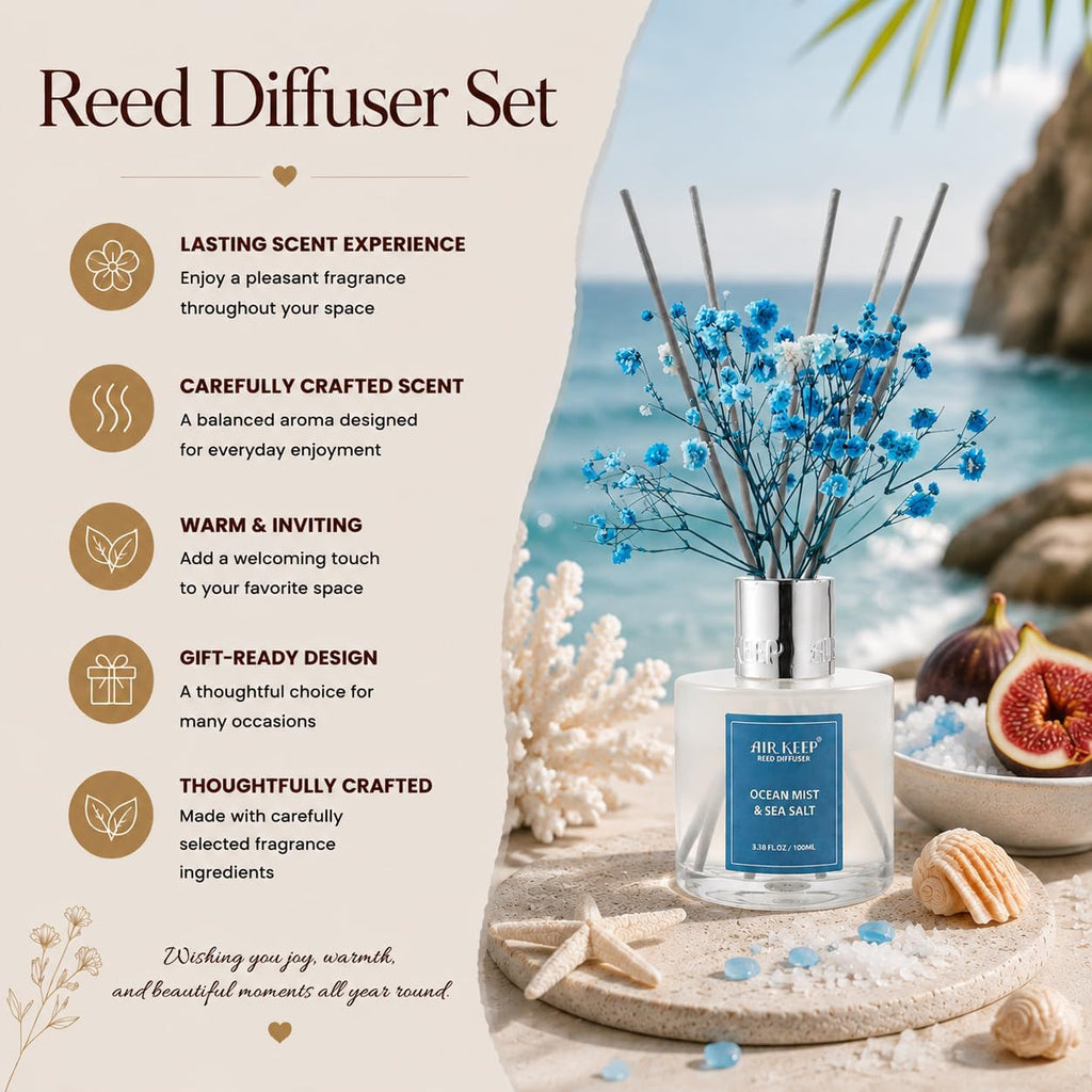 Reed Diffuser Set,3.38 fl oz (100 ml) - Ocean Mist&Sea Salt Oil Diffusers with 8 Reed Sticks,Home Fragrance Reed - Set of 338