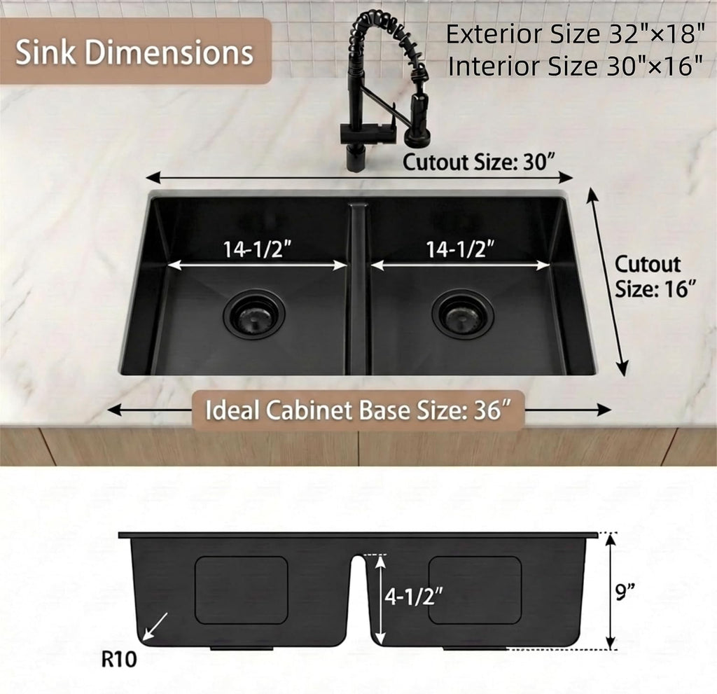 32 inch Double Bowl Kitchen Sink,Black Undermount Kitchen Sink 32 X 18 inch,16 Gauge Stainless Steel Undermount