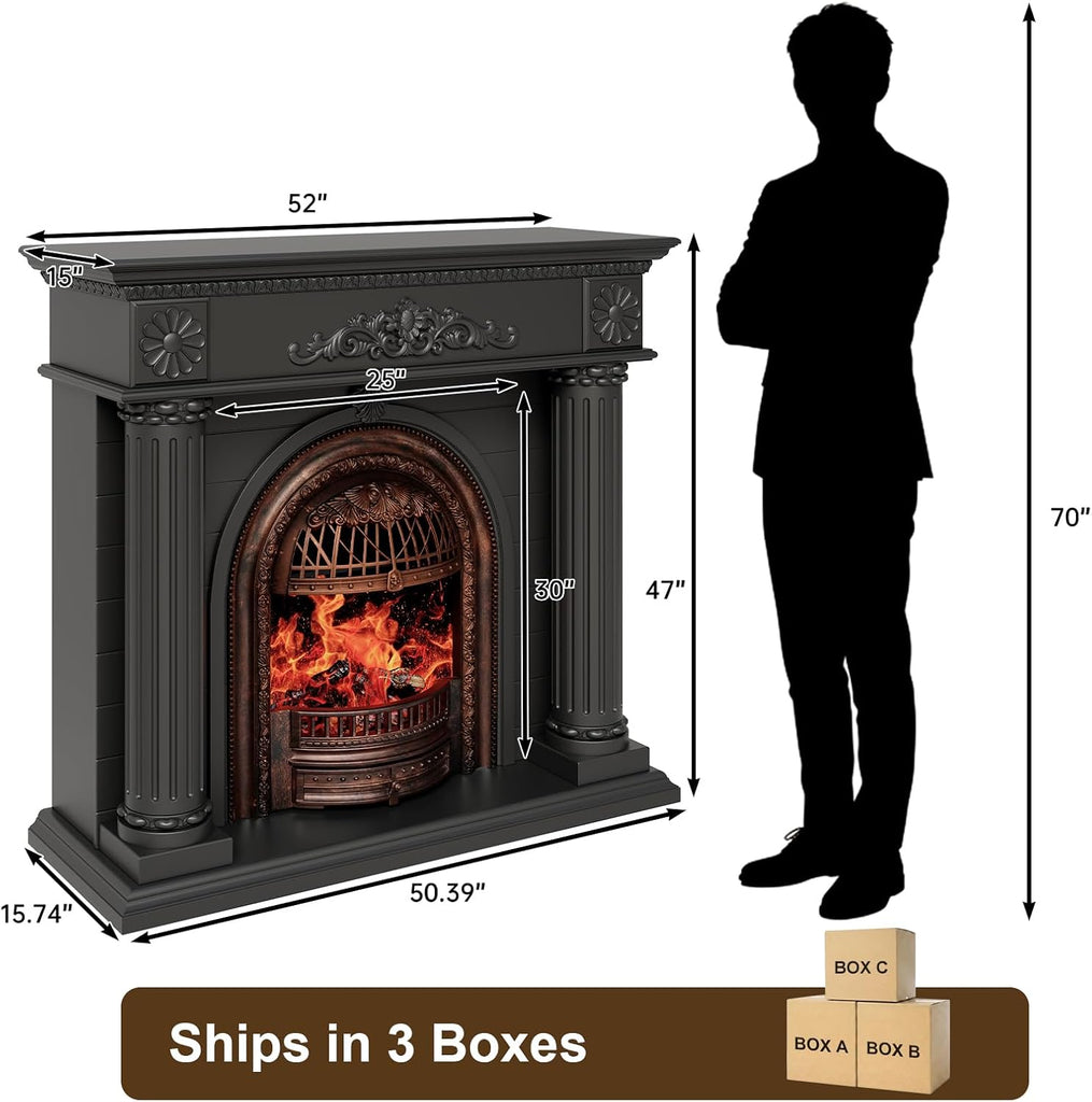 Solid Wood Electric Fireplace TV Stand, 52" Electric Fireplace with Mantel, Roman Column Entertainment Center with