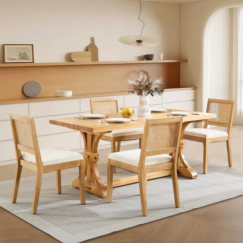 French Dining Chairs Set of 4, Vintage Louis Dining Chairs with Rattan Backrest, Wooden Framehouse Chairs
