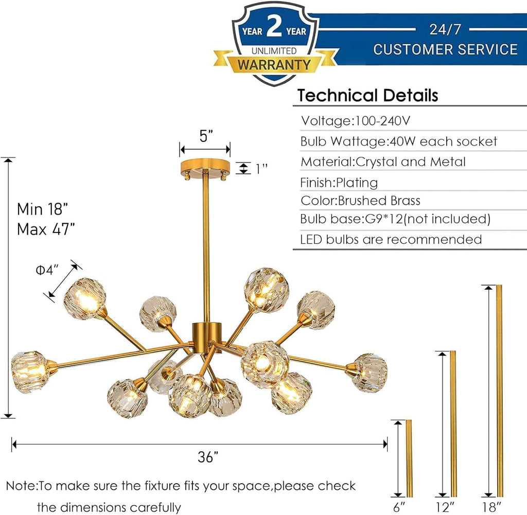 Sputnik Chandeliers Modern Crystal Pendant Lighting Gold Chandelier 12 Lights Mid Century Ceiling Light Fixtures for Dining Room Kitchen Island Living Room Bedroom Bar A116-B09ZXXV34B
