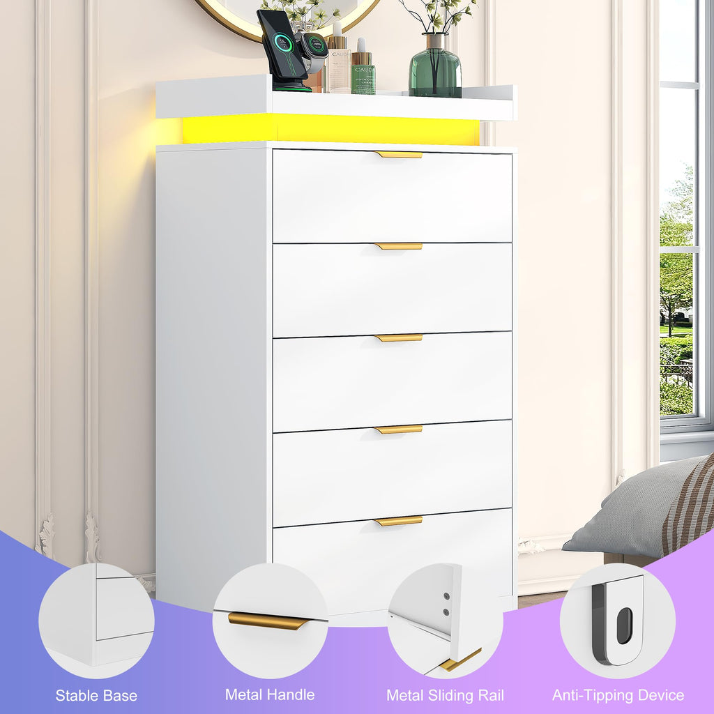 Tall Dresser, White Dresser with LED Lights, Wood 5 Drawer Chest with Power Outlet, Modern Chest of Drawers