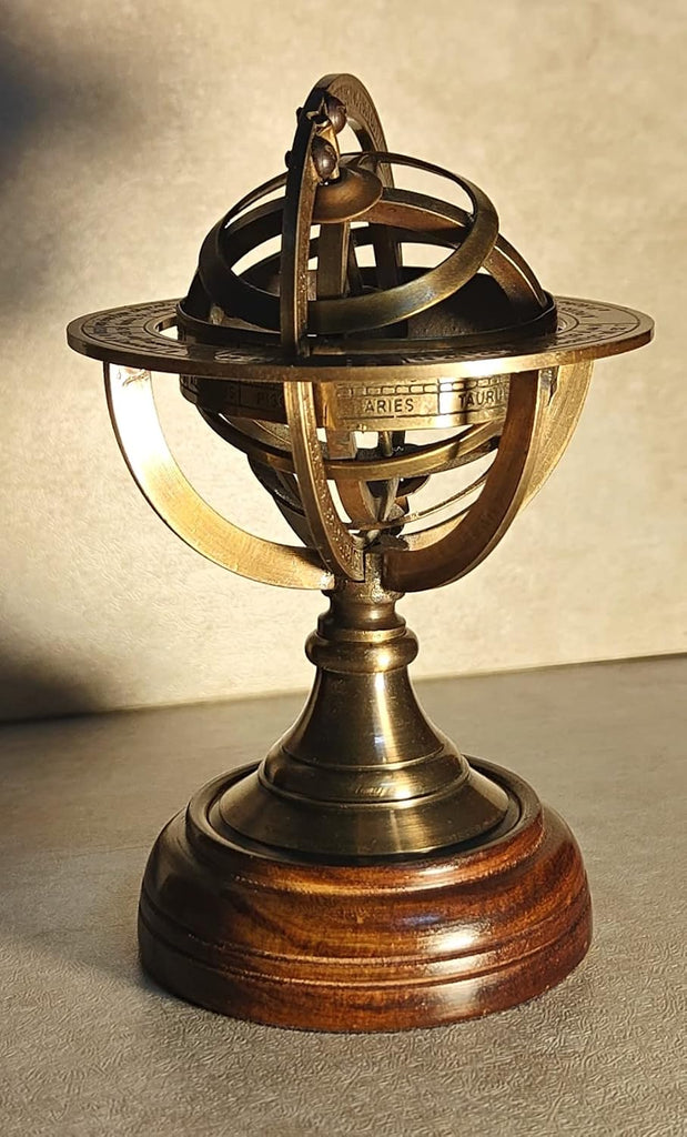 Antique Brass 6" Decorative Armillary Sphere Globe Astrolabe Zodiac Engraved Celestial Globe Wooden Base