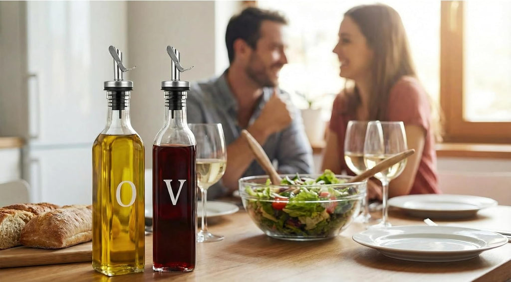Olive Oil and Vinegar Dispenser Set - 17 oz. Glass Bottles with No-Drip BPA-Free Spouts - Stylish O and V Identifiers - Set of 2