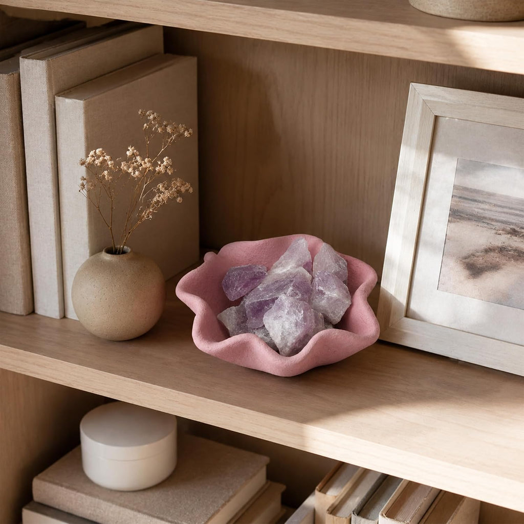 Blush Petal Cement Candle Vessel with 7 Crystal Stones - Handmade Petal-Shaped Matte Cement Bowl in Blush Pink