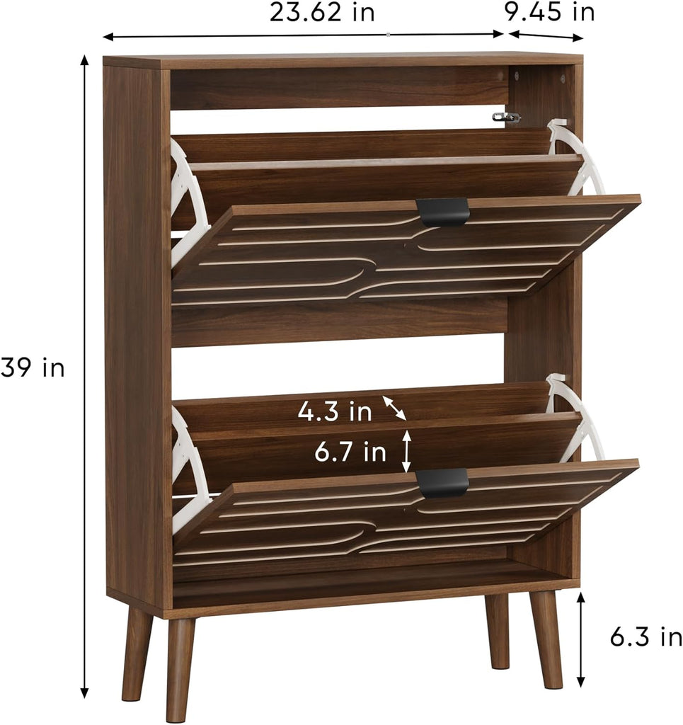 Mid-Century Modern Tilt Out Shoe Cabinet Organizer with Geometric Doors, Slim Entryway Shoe Storage, Walnut
