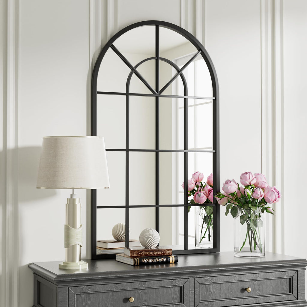 Arched Wall Mirror, 42"x24" Metal Frame Windowpane Mirror, Black
