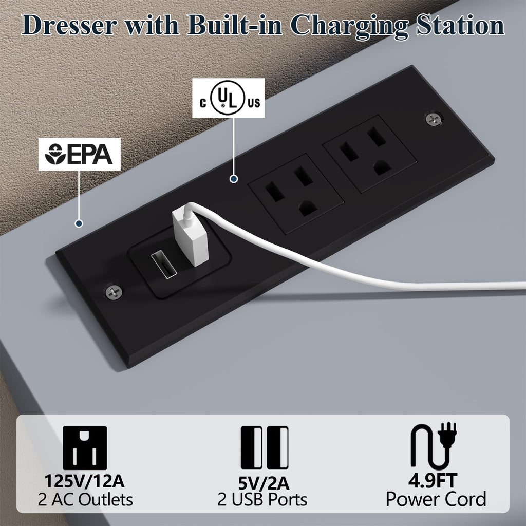 63" 6-Drawer Dresser with Divided Compartments, Power Outlet & LED Lights