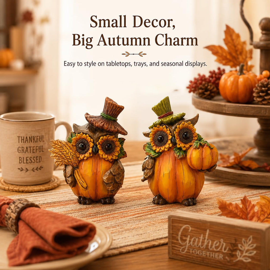 Fall Thanksgiving Pumpkin Figurines, Owl Harvest Decor