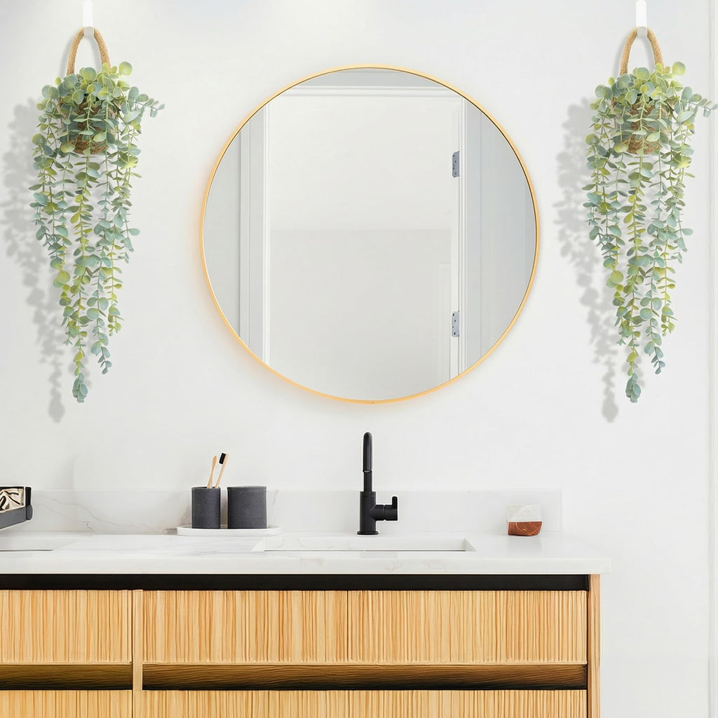 Fake Hanging Plant Decor Indoor, Eucalyptus Artificial Faux Plants in Wall Woven Planters, Jute Hanger with Black Pot