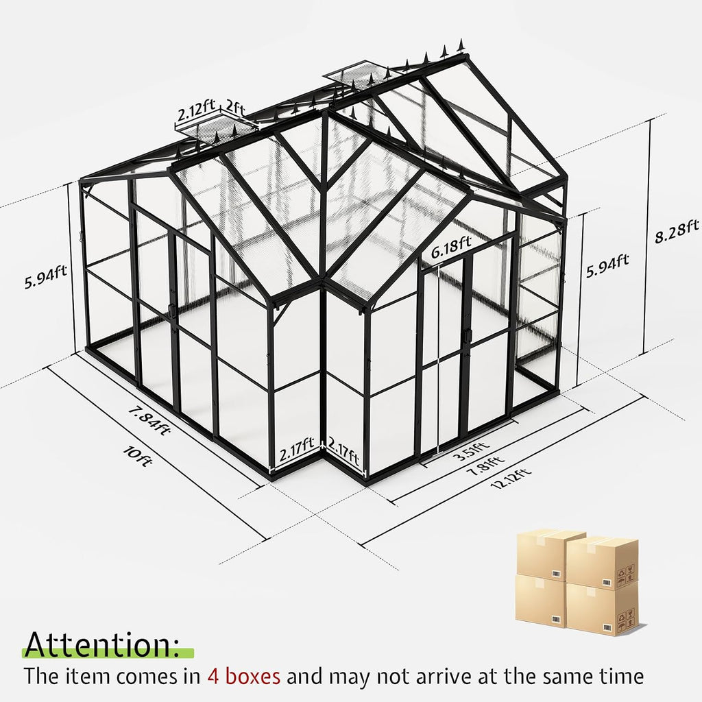 12 x 10 x 8-Ft Hybrid Polycarbonate Greenhouse | Quick-Connect Aluminum Frame, Dual Roof Vents, Double Doors