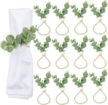 Eucalyptus Leaf Napkin Rings Farmhouse Easter Napkin Rings Wood Bead Boho Napkin Ring Holder for Party - Set of 12