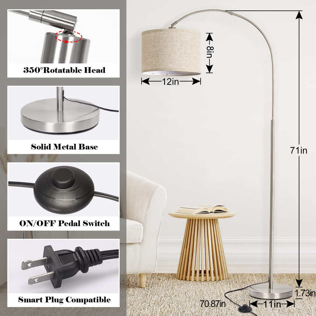 Silver Floor Lamp, Arc Floor Lamp with Adjustable Head and Pedal Switch