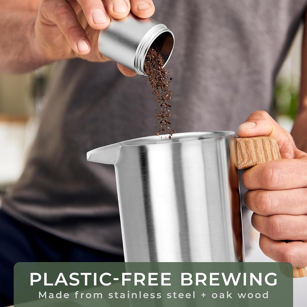 French Press (34 oz) - Non-Toxic Stainless Steel Double Wall French Press Coffee Maker - Plastic Free Coffee Press